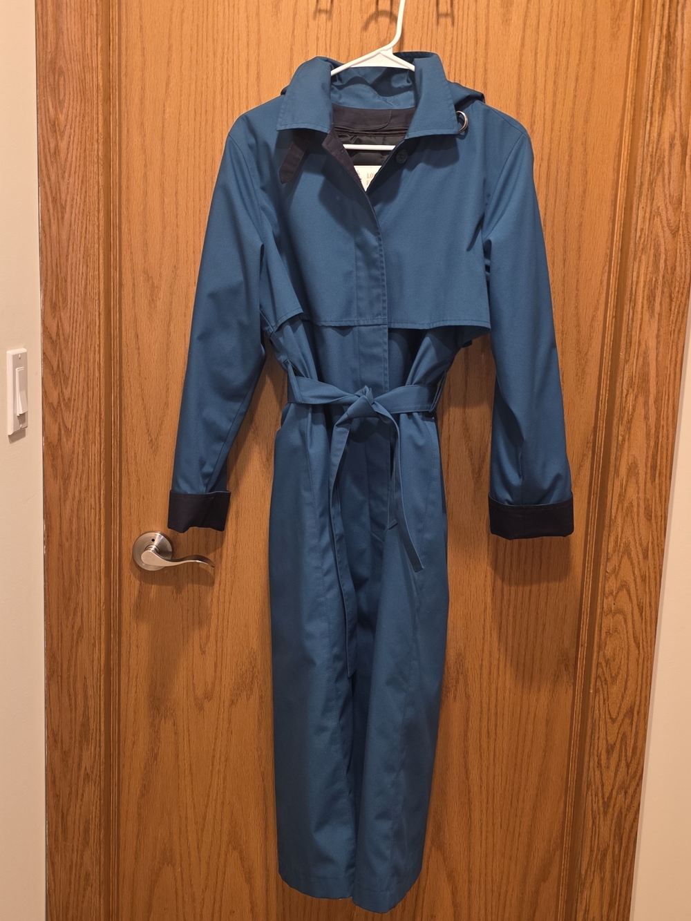London Fog Hooded Teal Trench Coat with Tie Belt And Insulated Zip In Liner
